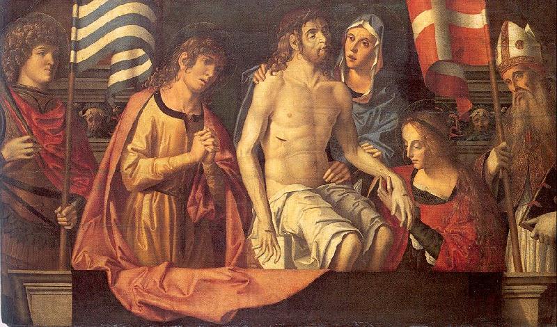 Palmezzano, Marco The Dead Christ in the Tomb with the Virgin Mary Saints